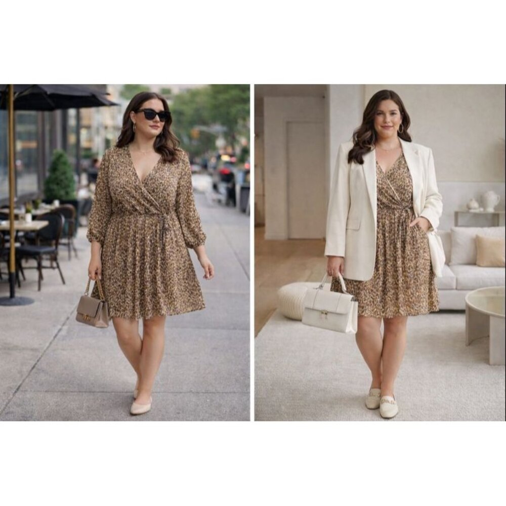 Gilli Women's Leopard Print Dress Brown Size 1X Boho Chic Neutral Fall Trendy